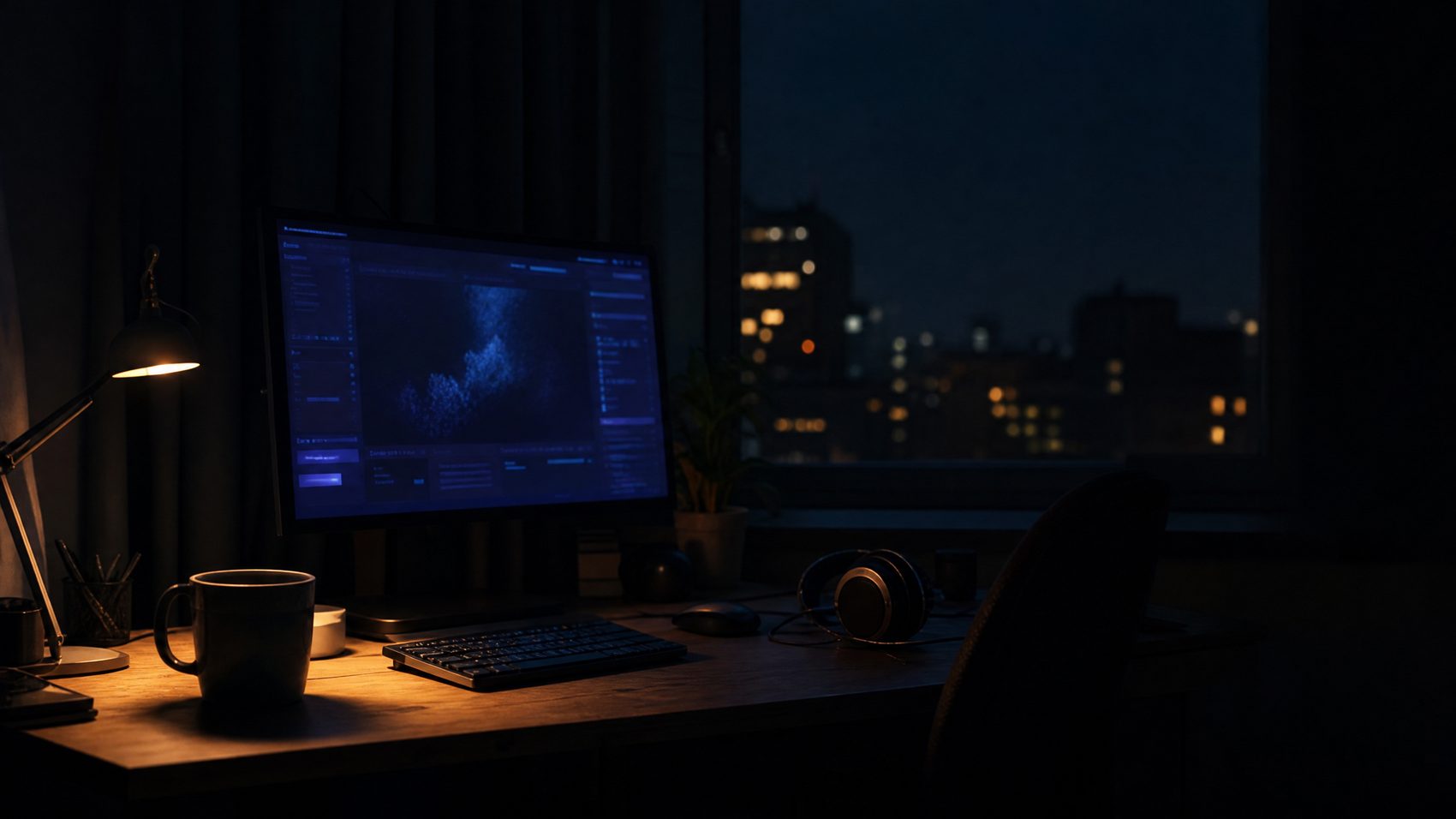 A small desk at night with a softly glowing monitor, a low warm lamp, a cold mug of tea, headphones and a sleeping city visible through the window