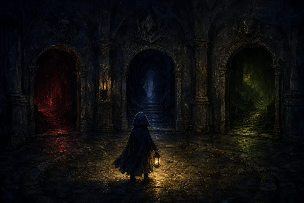 A lantern-lit stone antechamber with three doorways leading into differently coloured darkness and a small cloaked figure deciding