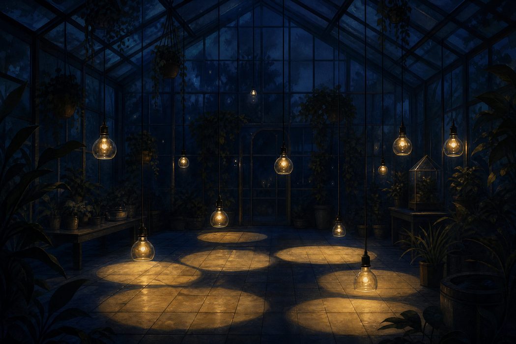 A night-time greenhouse interior with hanging bulbs at different heights casting overlapping pools of light on a tiled floor