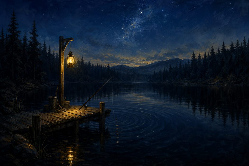 A small wooden jetty on a still black lake at night with a lantern on a post, ripples spreading and a pine treeline beyond