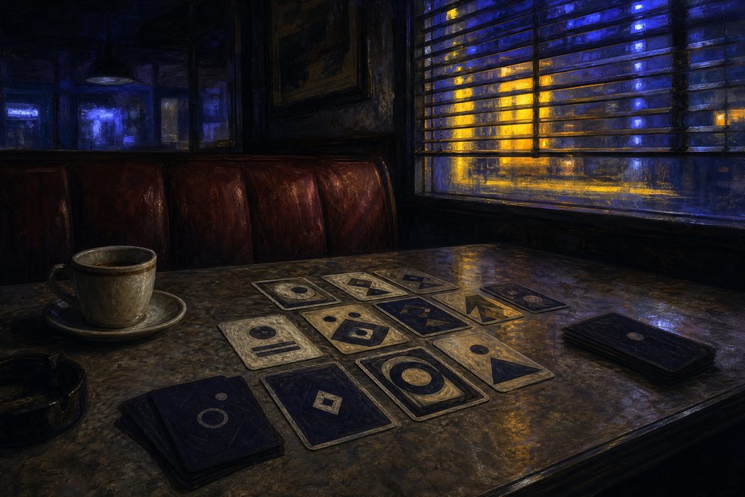 A dim booth in a closed diner at night with a spread of abstract patterned cards on a table and neon light through blinds