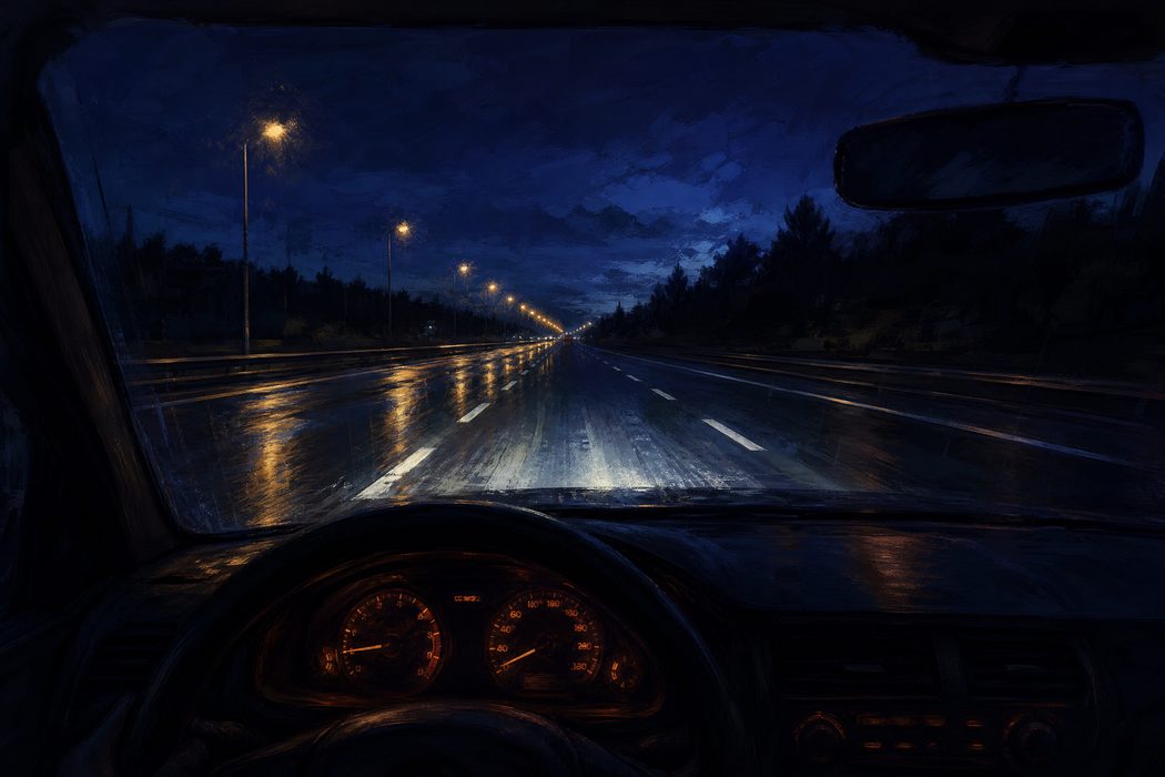 An empty motorway at three in the morning seen from inside a car, headlights on wet tarmac and sodium lights receding
