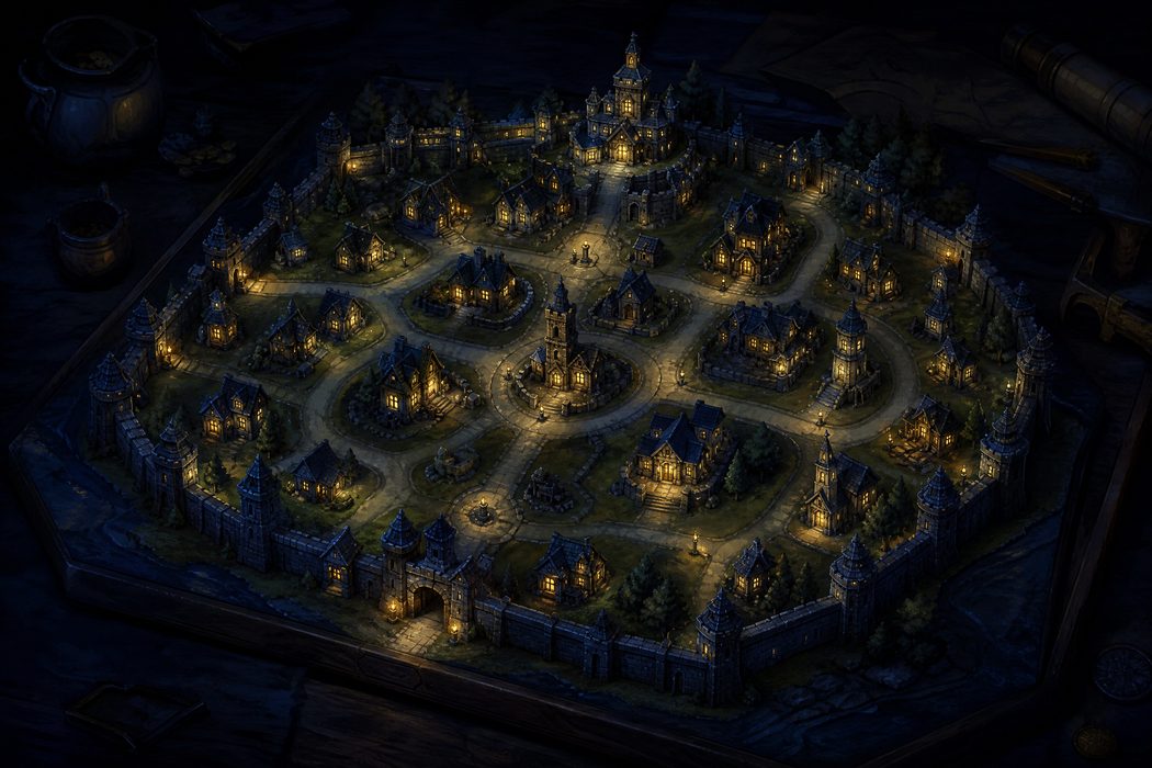 A miniature diorama city at night on a dark table with tiny buildings lit from within, defensive walls and small paths