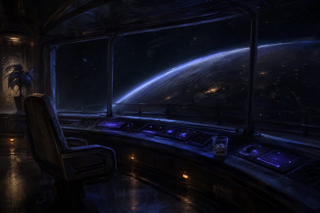 A quiet space station observation deck at night with a curved window showing a planet's dark limb and softly glowing panels