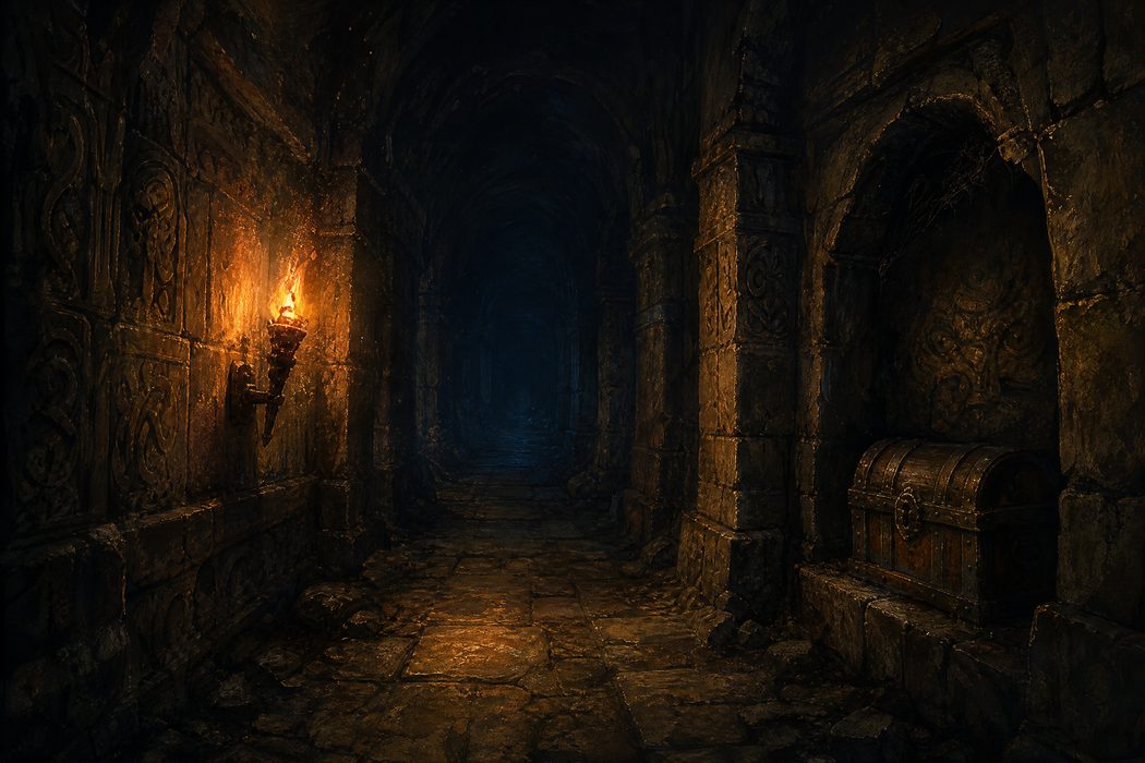 A narrow torchlit corridor of carved stone with a side alcove containing a chest and deep darkness beyond